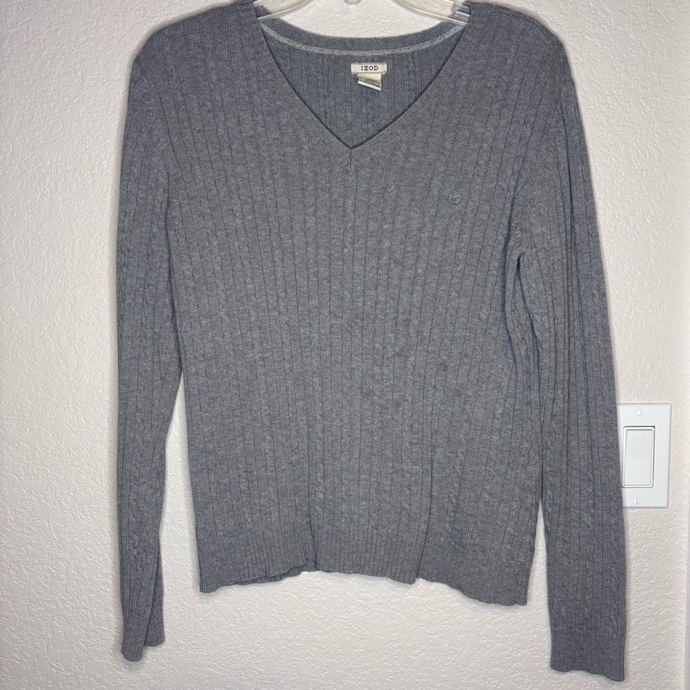 Vintage IZOD Heather Gray 109% Cotton Ribbed V-Neck‎ Sweater, preppy